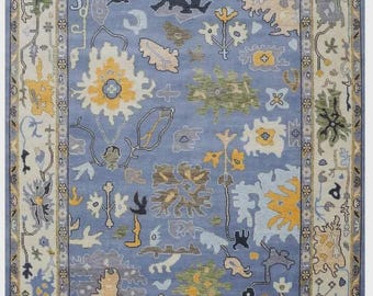 Hand-Knotted Oushak Wool Rug, Modern Floral Area Rug, 8x10