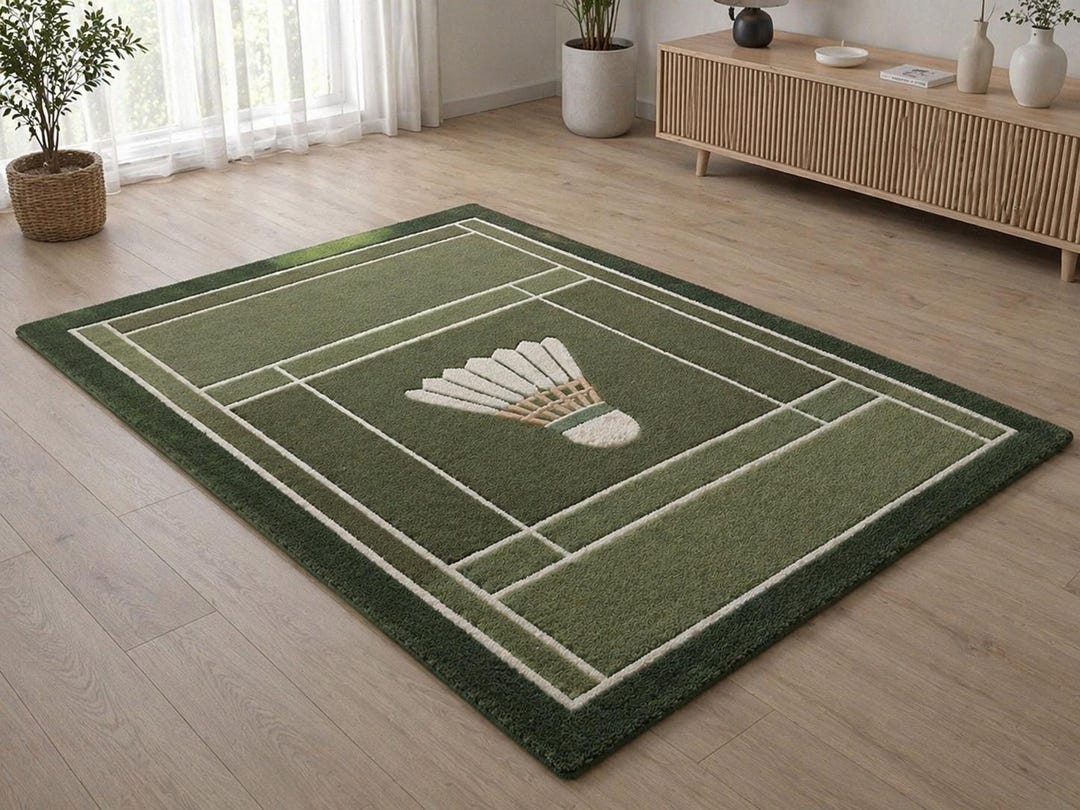 Pure Color Carpet Rugby Hand-tufted Wool Area Rug, Badminton Court Design, Green Sports Theme ...