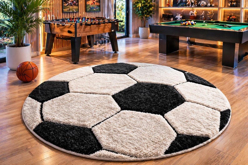 Foosball Rug Hand-tufted Wool Soccer Ball Rug, Round Sports Theme Carpet, Game Room ...