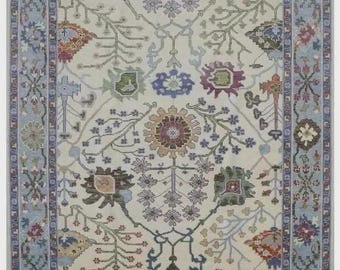 Hand Knotted Wool Oushak Rug, Ivory Floral Medallion Design