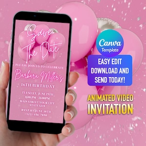 Pink Glitter Balloons Birthday Save The Date Invitation (Digital Download)