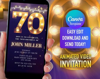 70th Birthday Invitation: Gold Marquee, Male Invite (Digital)