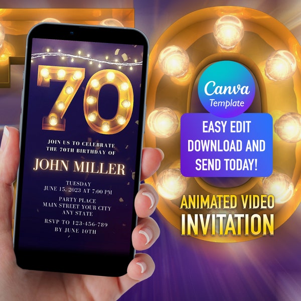 70th Birthday Text Invitation, Digital Male Birthday Invite, Seventieth Birthday Invite for Grandfather, Gold Metal Marquee