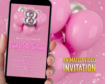 8th Birthday Dinner Invitation: Pink Glitter Balloons (Digital Download)