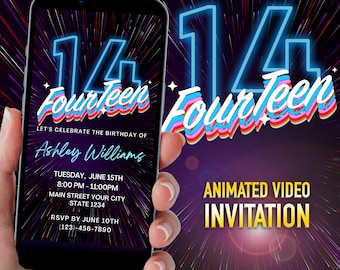 14th Birthday Invitation, Blue Neon Digital Invitation, Text Party Invite, Digital Birthday Invite, Editable Template, Instant Download