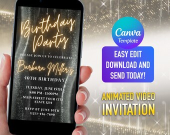 Gold Glitter Birthday Video Invitation: Editable E-Invite (Digital Download)