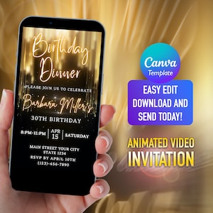 Gold Glitter Birthday Dinner Video Invitation: Editable E-Invite (Digital Download)