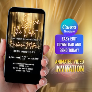 Gold Glitter Birthday Save the Date Video Invitation (Digital Download)