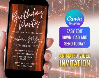 Rose Gold Glitter Birthday Video Invitation: Editable Template (Digital Download)