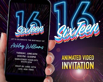 Blue Neon 16th Birthday Invitation: Editable Text Party Invite (Digital Download)