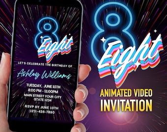 Blue Neon 8th Birthday Invitation: Editable Text Party Invite (Digital Download)