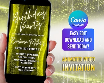 Yellow Neon Birthday Party Invitation: Glitter Stars (Digital Download)