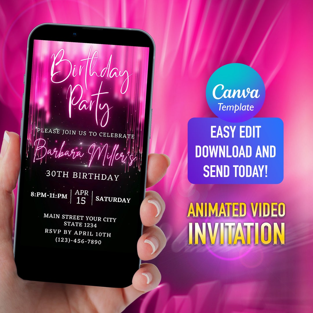 Pink Glitter Birthday Party Invitation Electronic Invite Etsy