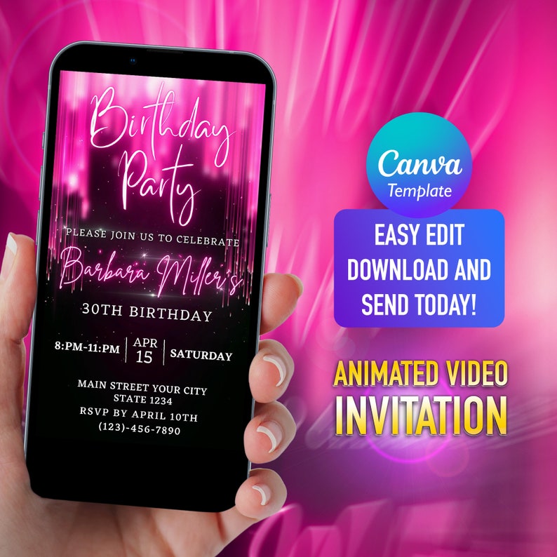 Pink Glitter Birthday Party Invitation Electronic Invite Etsy
