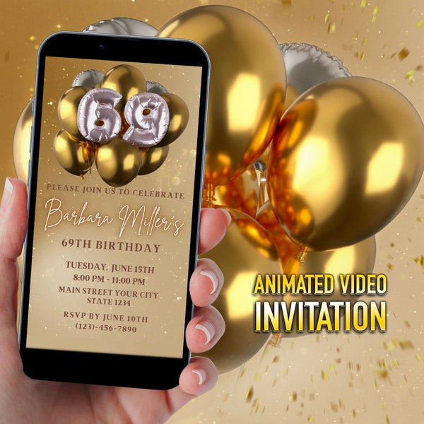 69th Birthday Gold Silver Digital Invitation, Electronic 69th Birthday Evite, Glitter Balloons, Editable Template, Instant Download