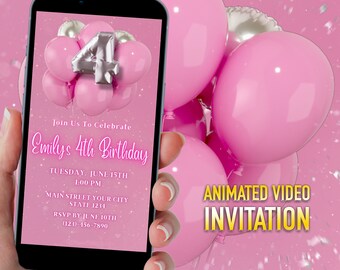 Pink Glitter 4th Birthday Dinner Invitation (Digital Download)