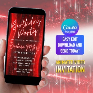 Red Glitter Birthday Party Video Invitation: Neon Text, Any Age (Instant Download)