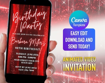 Red Glitter Birthday Party Video Invitation: Neon Text, Any Age (Instant Download)
