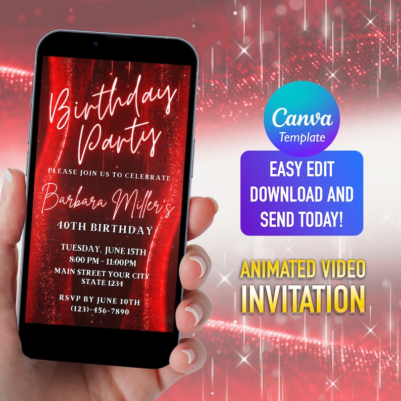 Red Glitter Birthday Party Invitation Electronic Invite Etsy