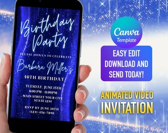 Blue Glitter Birthday Party Video Invitation: Editable E-Invite (Digital Download)
