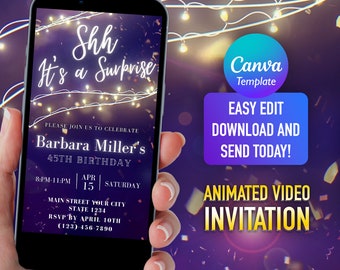 Surprise Birthday Invitation: Black Night Lights, Any Age (Digital Download)