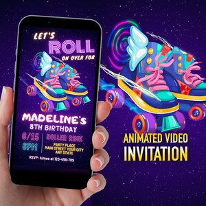 Skate Party Birthday Invitation, Party Invitation, girl, boy, Roller Skating, Retro Neon Lights, Editable Evite Template, Editable Canva