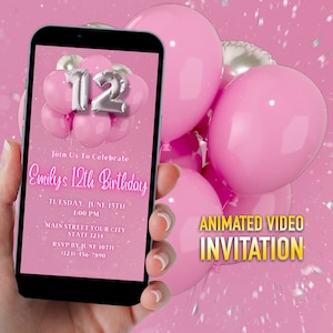 Pink Silver 12th Birthday Dinner Invitation: Glitter Balloons (Digital Download)