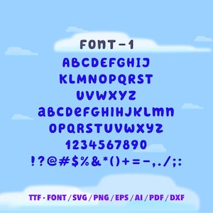 May include: A blue font sample, labeled "FONT-1", displays the alphabet in uppercase and lowercase, numbers, and symbols. The font is a rounded, sans-serif style. The background is a light blue sky with clouds.