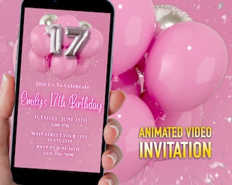 Pink Glitter 17th Birthday Dinner Invitation (Digital Download)
