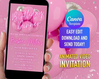 Pink Glitter Balloons Birthday Dinner Invitation (Digital Download)