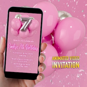 7th Birthday Pink Silver Glitter Balloons Dinner Invitation, Digital Birthday Dinner Party Invite, Editable Template, Instant Download