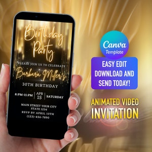 Gold Glitter Birthday Party Video Invitation: Editable E-Invite (Digital Download)