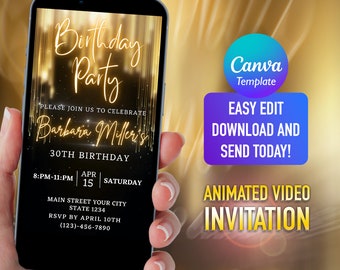 Gold Glitter Birthday Party Video Invitation: Editable E-Invite (Digital Download)