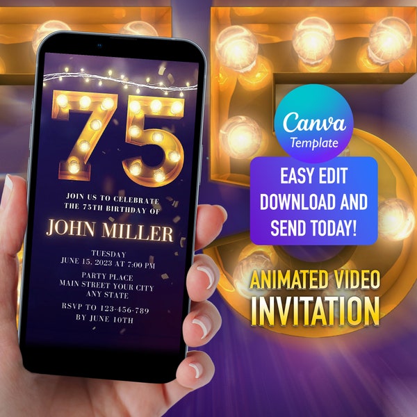 75th Birthday Party Invitation, Phone Invitation for Men, Seventy Five Birthday Electronic Invite, Gold Metal Marquee