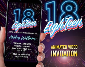 Blue Neon 18th Birthday Invitation: Editable Text (Digital Download)