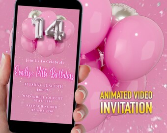 14th Birthday Dinner Invitation: Pink Glitter Balloons (Digital Download)