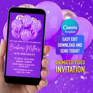 Electronic Purple Silver Glitter Balloons Birthday Invitation, Digital Birthday Party Invite, Editable E Invite, Any Age, Instant Edit