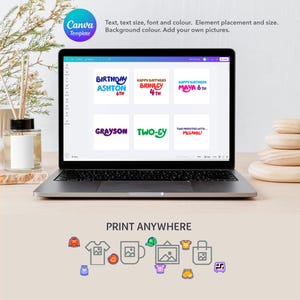 May include: A laptop displays birthday-themed text designs with names and ages. The screen shows colorful text elements, including "BIRTHDAY ASHTON 6TH" and "HAPPY BIRTHDAY BRINLEY 4TH." Below the laptop, the words "PRINT ANYWHERE" are visible, along with icons of various printable items.