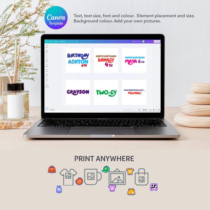 May include: A laptop displays birthday-themed text designs with names and ages. The screen shows colorful text elements, including "BIRTHDAY ASHTON 6TH" and "HAPPY BIRTHDAY BRINLEY 4TH." Below the laptop, the words "PRINT ANYWHERE" are visible, along with icons of various printable items.