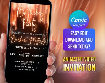 40th Digital Rose Gold Glitter Birthday Party Invitation, Digital Rose Party Invite, Video Invitation, Editable Invitation, Any Age