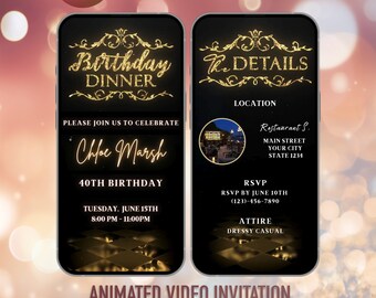 Black and Gold Birthday Dinner Invitation: Animated Phone Invite (Digital)