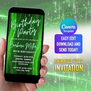 Editable Emerald Green Birthday Party Invitation, Electronic Party Evite, Digital Women Invite, Video Invitation Template, Any Age