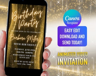 Gold Glitter Birthday Party Video Invitation: Editable E-Invite (Digital Download)