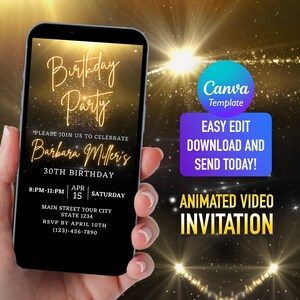 Gold Glitter Birthday Party Video Invitation: Editable E-Invite (Digital Download)