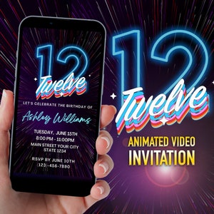 12th Birthday Invitation, Blue Neon Digital Invitation, Text Party Invite, Digital Birthday Invite, Editable Template, Instant Download