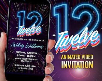 Blue Neon 12th Birthday Invitation: Editable Text Party Invite (Digital Download)