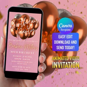 Electronic Pink Rose Gold Balloons Birthday Invitation, Digital Birthday Party Invite, Editable Template, Phone Evite, Instant Download