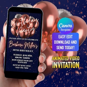 Digital Rose Silver Birthday Party Invitation, Electronic Birthday Invite, Editable Template, Any Age, Text Invite, Evite, Instant Download