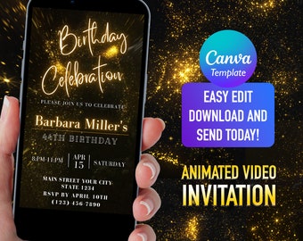 Gold Glitter Birthday Video Invitation: Editable E-Invite (Instant Download)