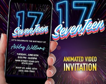 Blue Neon 17th Birthday Invitation: Editable Text Party Invite (Digital Download)